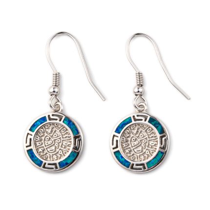 Phaistos Disc Dangle Earrings - 925 Sterling Silver with Opal