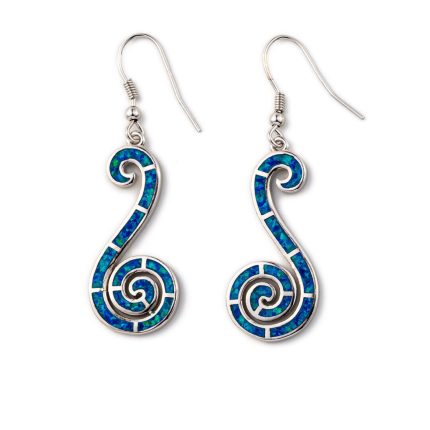 Blue Opal Silver Spiral Dangle Earrings