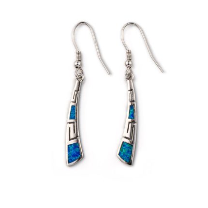 Greek Key Curvy Silver Blue Opal Dangle Earrings