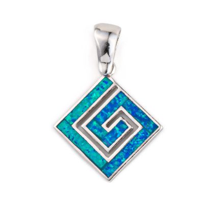 Greek Key Pendant - Sterling Silver with Blue Opal