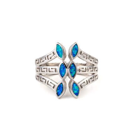 Blue Opal Leaf Greek Key Ring- 925 Sterling Silver