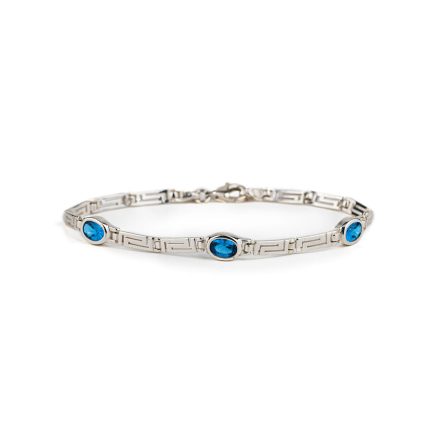 Greek Key Link Bracelet with Blue Zircon – 925 Sterling Silver