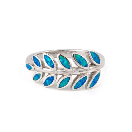 Olive Leaf Ring - 925 Sterling Silver with Blue Opal