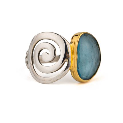 Aqua Marine Spiral Ring - 18K Gold and 925 Sterling Silver