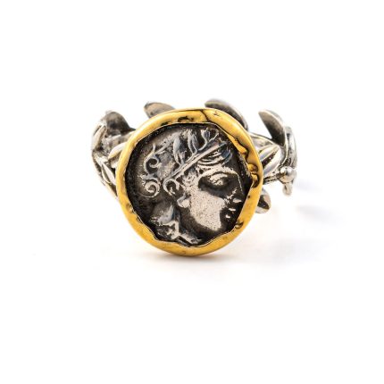 Goddess Athena Coin Ring with Leaves - 14K Gold and 925 Sterling Silver