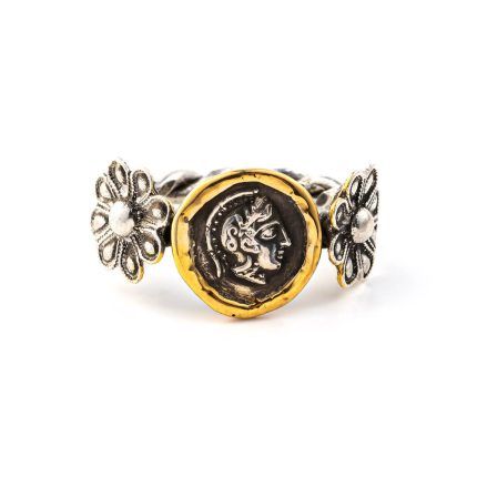 Goddess Athena Coin Ring with Rosettes - 14K Gold and 925 Sterling Silver