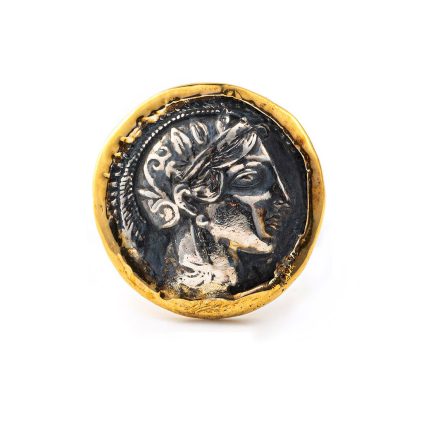 Goddess Athena and Owl Coin Ring - 14K Gold and 925 Sterling Silver