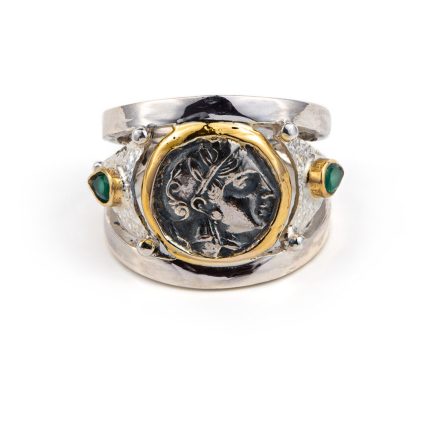 Goddess Athena Coin Ring with Emeralds - 14K Gold and 925 Sterling Silver