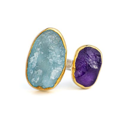 Aqua Marine and Amethyst Ring - Sterling Silver and Gold Plated