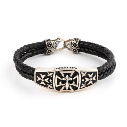 Fleur De Lis Cross Leather Bracelet – 925 Sterling Silver