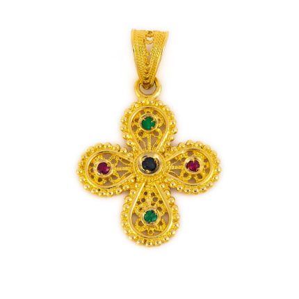 18K Gold Filigree Cross with rubies, emeralds and sapphires