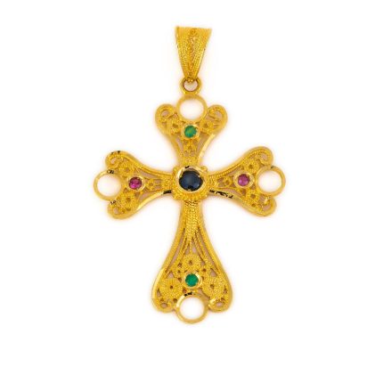 18K Solid Gold Filigree Multi precious Cross