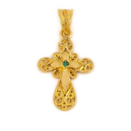 18K Gold Emerald Filigree Cross