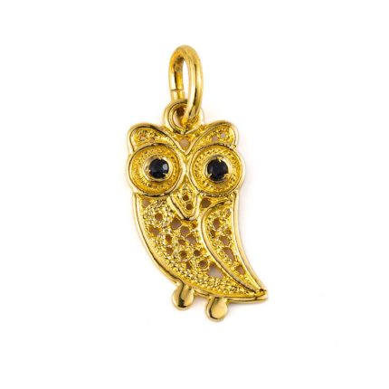 Wisdom Owl Filigree Pendant – 14K Gold with Sapphire