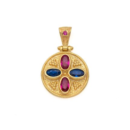 Byzantine Circle Pendant with Multicolor Zircons 925 Sterling Silver Gold Plated