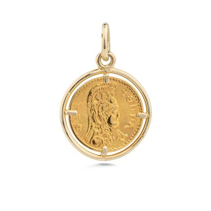 Goddess Athena and Owl Coin Pendant - 14K Gold