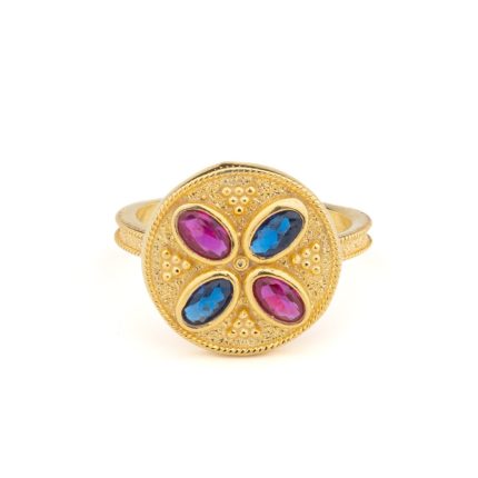Byzantine Round Ring in 925 Sterling Silver Gold-Plated with Multicolor Oval Zircons