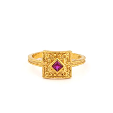 Byzantine Square Ring in 925 Sterling Silver Gold Plated with Zircon