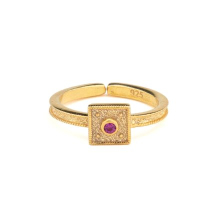 Byzantine Square Ring in 925 Sterling Silver Gold Plated with Round Zircon