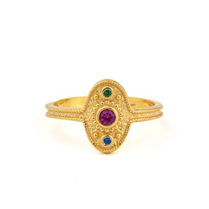 Byzantine Oval Ring in 925 Sterling Silver Gold-Plated with Multicolor Zircons