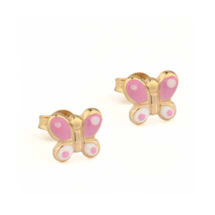 9K Gold Pink Butterfly Enamel Stud Earrings for Children