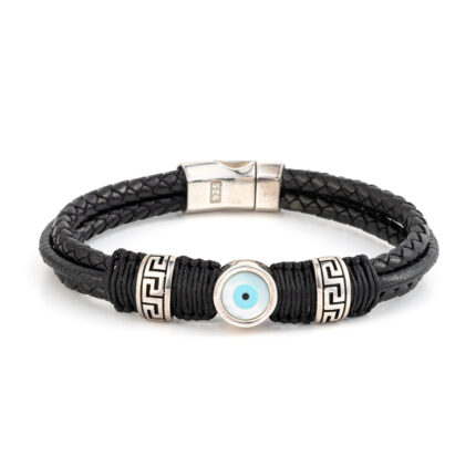 Meander and Evil Eye Leather Bracelet – 925 Sterling Silver