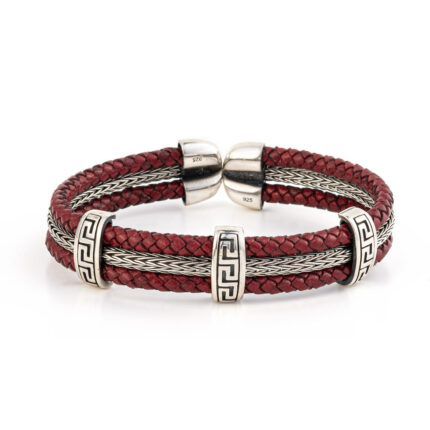 Greek Key Meander Leather Bracelet – 925 Sterling Silver