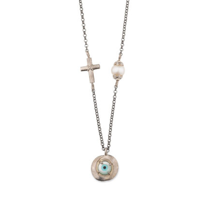 Evil Eye Chain Necklace with Cross in Sterling Silver