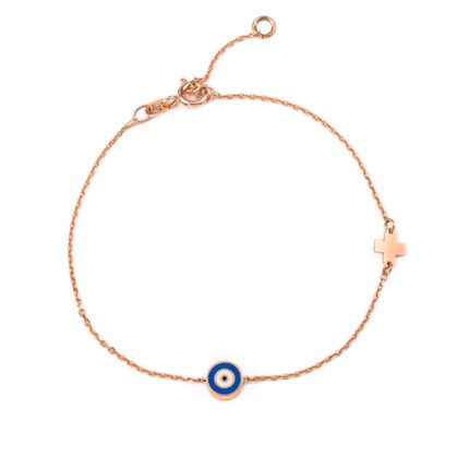 Round Evil Eye Bracelet with Cross - Sterling Silver and Rose Plated