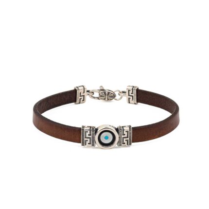 Meander Evil Eye Bracelet in 925 Sterling Silver and Brown Leather