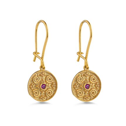 Byzantine Round Dangle Earrings in 925 Sterling Silver Gold Plated and Zircon Stone