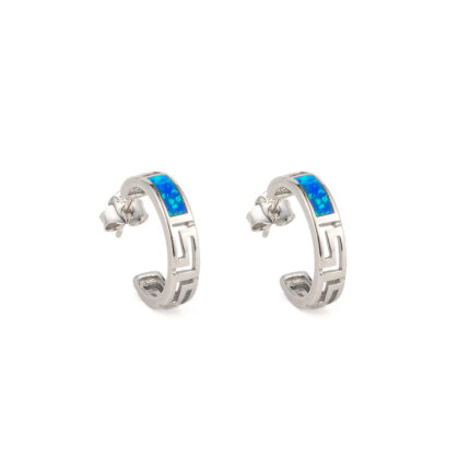 Greek Key Hoop Opal Earrings - 925 Sterling Silver