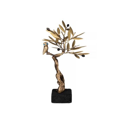 Owl in Olive Tree Bronze Sculpture with Lava Base
